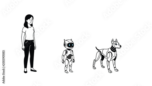 Woman, Humanoid Robot, and Robotic Dog Illustration. AI and Future Companionship Concept.