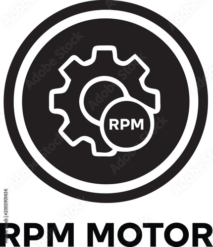 Bild auf Leinwand RPM Motor Speed Icon Vector, Black Gear Silhouette with Technical RPM Label for