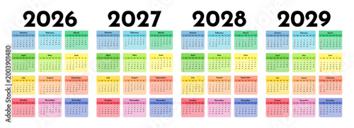 Set of calendars for 2026, 2027, 2028 and 2029 on a white background