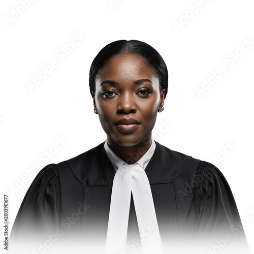 Judge lawyer woman professional black female judge wearing legal robes isolated on a transparent background looking at camera
