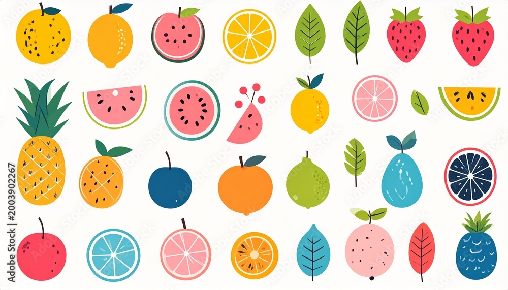 Obraz premium Colorful Fruit and Leaf Illustrations Set.