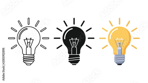 Canvastavla Three stylized light bulbs: outline, silhouette, and color, symbolizing ideas and innovation, flat design vector illustration