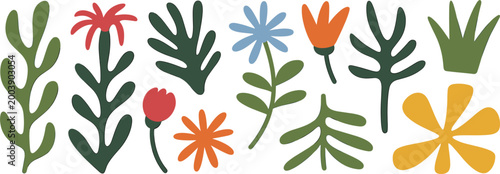 Abstract floral vector set, colorful modern flowers and leaves, minimal botanical shapes, decorative nature illustration, trendy design elements