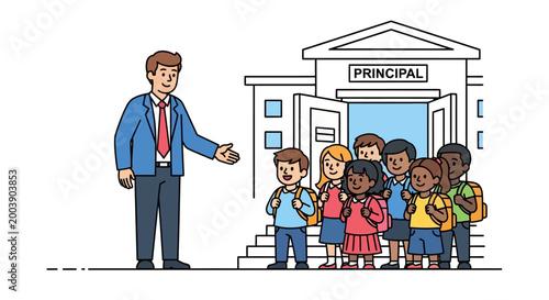 Principal standing with school children outside.