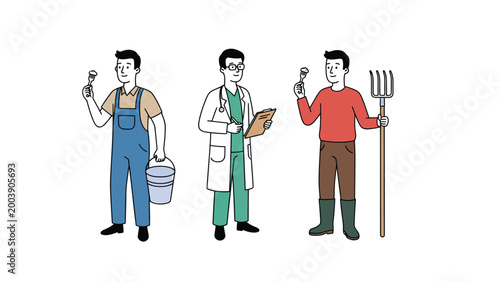 Professional Occupations: Farmer, Doctor, Gardener with Seedling Icon Set