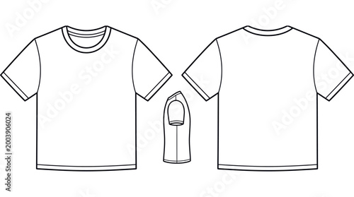 Blank t-shirt technical flat sketch template with bold outlines, front, back, and center side view vector mockup