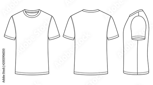 Standard blank t-shirt technical flat sketch template, front back and side view vector mockup
