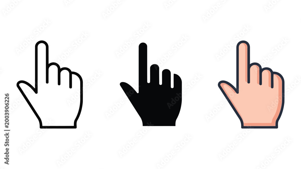 Fototapeta premium Three different styles of hand cursor icons pointing upwards, vector illustration in outline, solid black, and cartoon styles