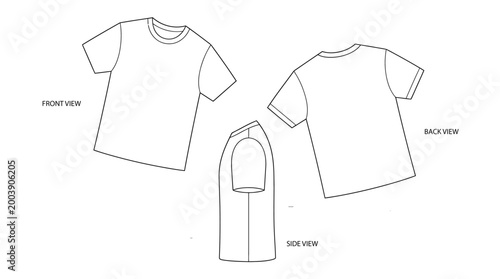 Blank t-shirt technical sketch template in front, back, and side view, flat vector outline mockup