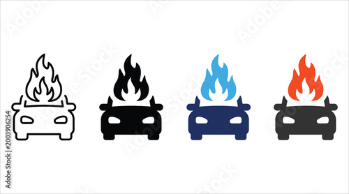 Burning car icon set with 4 vector elements, car fire emergency symbols in outline and solid styles, vehicle accident and insurance claim graphics