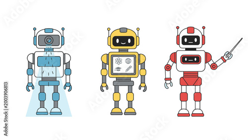 Three Cartoon Robots Illustration: Diverse AI, Technology, and Automation Concepts