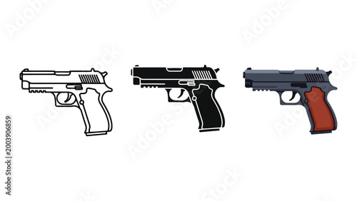 Canvas Print Set of three handguns: outline, silhouette, and realistic color, isolated on whi