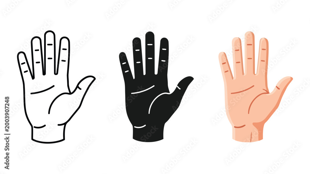 Obraz premium Three Hand Gestures: Outline, Silhouette, and Realistic Flat Design Vector Illustration