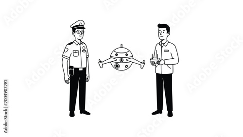 Law enforcement officer and civilian with drone, illustrating aerial technology and public safety interaction.