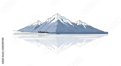 Snowy mountain peaks reflected in water.