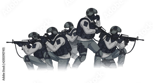 Photos Soldiers in tactical gear advancing forward.