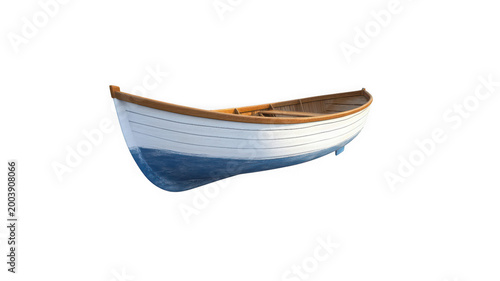 Rowboat featuring a white hull and wooden trim sits isolated against a clean white background as a classic maritime vessel for recreational water activities.