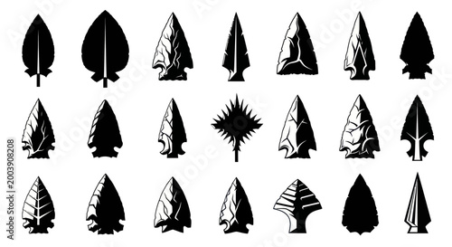 Photos Collection of Black Arrowheads and Ancient Stone Tools, Vector Icons