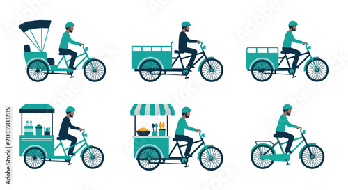 Obraz na płótnie Diverse Cargo Tricycles and Food Carts with Riders
