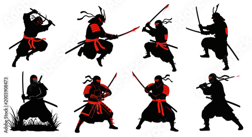 Cuadro en lienzo Ninja warriors fighting silhouettes with swords, martial arts action poses