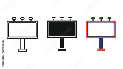 Three billboard designs in line art, silhouette, and flat design styles with blank advertising space, vector illustration.