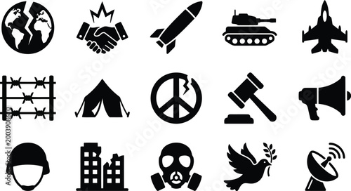 Set of war and peace icons, including weapons, military equipment, conflict, and humanitarian aid symbols