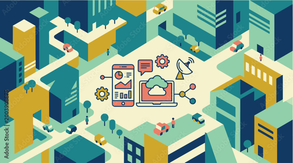 Fototapeta premium Isometric illustration of a modern smart city showcasing cloud computing, digital connectivity, and data exchange between urban buildings, servers,