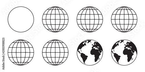 Globe grid vector icon set representing different map projections and styles of planet earth symbols.