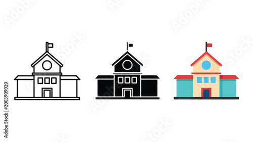 School Building Vector Icons: Outline, Silhouette, and Color Flat Design for Education