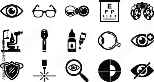 Ophthalmology and optometry icon set vector collection of eye care, vision health, and medical equipment symbols