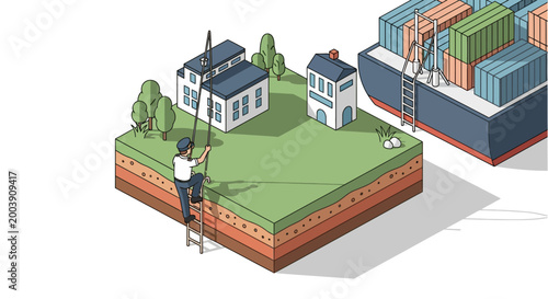 A worker paints a house on a grassy plot next to a container shipping yard for logistics.