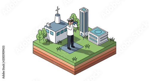 Businessman standing near buildings with container shipping logistics operations