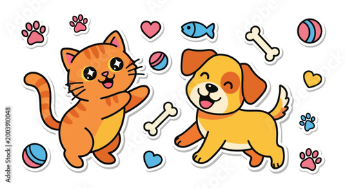Obraz na plátně Cartoon Cat and Dog Playing Together.