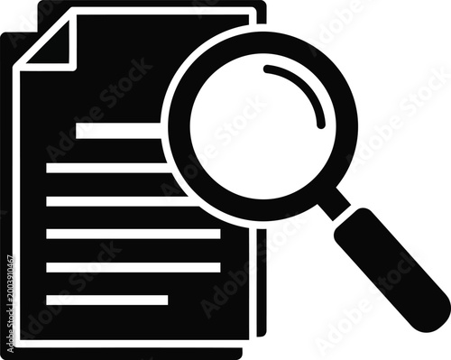 Magnifying glass over document icon black and white vector graphic document research analysis information investigation business