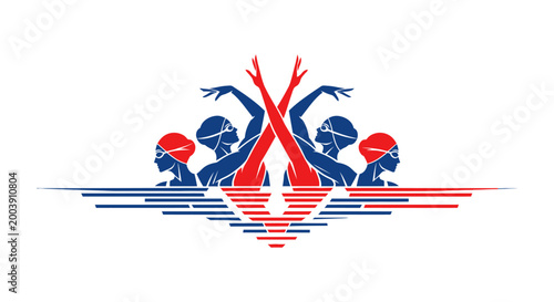 Swimmers in Synchronized Diving Motion Blue.