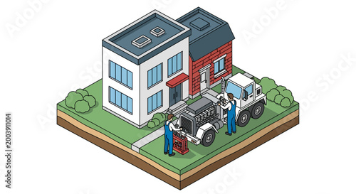 Container shipping logistics facility with workers and tractor