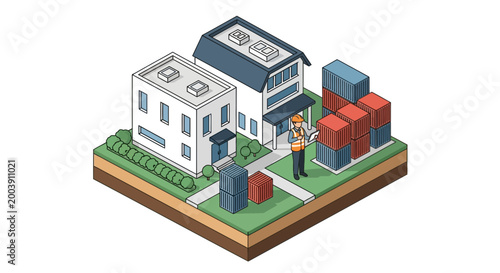 A worker manages container shipping and logistics at a warehouse facility.