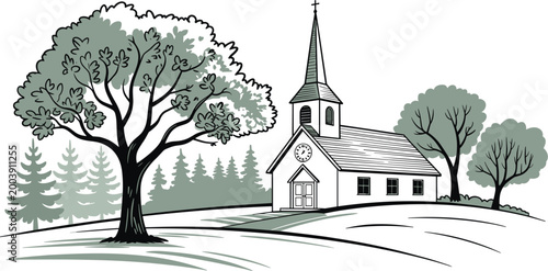 Peaceful countryside church with trees and rolling hills in soft vintage landscape illustration