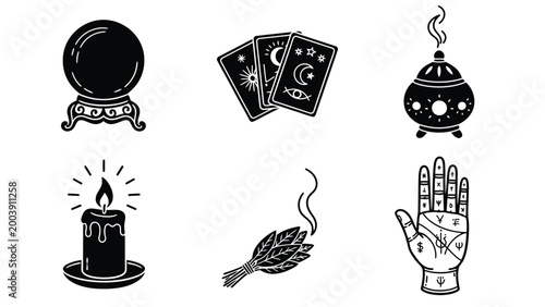 Mystical Esoteric Icons Set. Fortune Telling, Spirituality, Magic & Divination Symbols: Crystal Ball, Tarot, Palmistry, Candle, Incense, Smudge Stick.