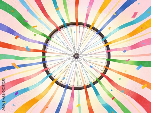 Bicycle Wheel With Colorful Rainbow Ribbons and Confetti Illustration