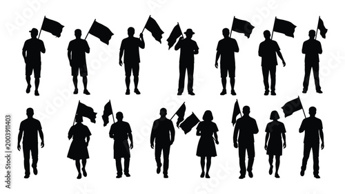 silhouette of people holding flags diverse group in various poses against a white background high quality professional detailed modern elegant stylish
