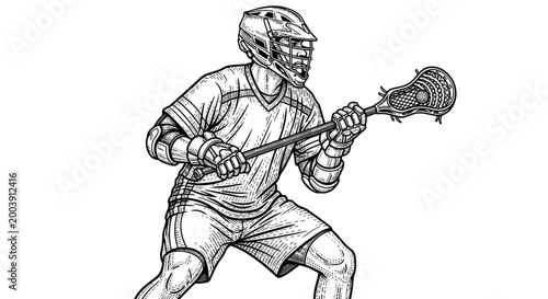 Tableau sur toile Lacrosse player in action, holding stick and ball, ready to play, sketch style