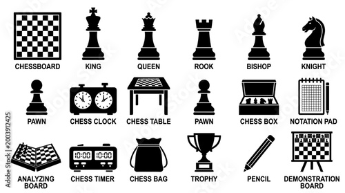 black and white vector silhouette set of chess tools.