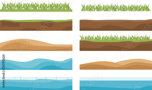 Set of horizontal seamless landscape border elements including grass, soil, sand, and blue water waves.