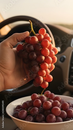 Person Holding a Bunch of Fresh Red Grapes in a Car Interior, Healthy Snacking on a Road Trip, Golden Hour Light