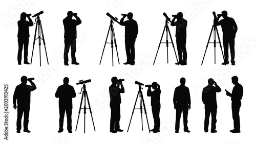 Silhouette collection of people using telescopes stargazing and observing the night sky on white background high quality professional detailed modern elegant