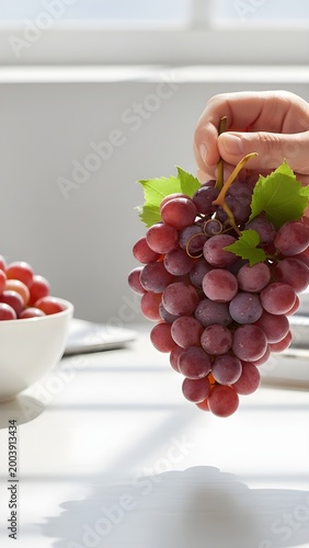 Hand Holding a Fresh Bunch of Ripe Red Grapes in Bright Modern Interior, Organic Fruit and Healthy Lifestyle Concept