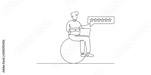 Continuous line drawing of a person sitting on an exercise ball while using a laptop and giving a five star rating