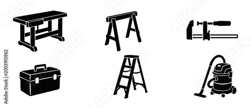 Workshop Tools Icons Set Construction Equipment Vector Illustration featuring a workbench, sawhorse, clamp, toolbox, stepladder, and industrial vacuum cleaner for DIY, renovation, and professional mai