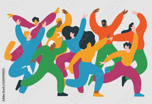 Energetic young people celebrating success and freedom flat illustration